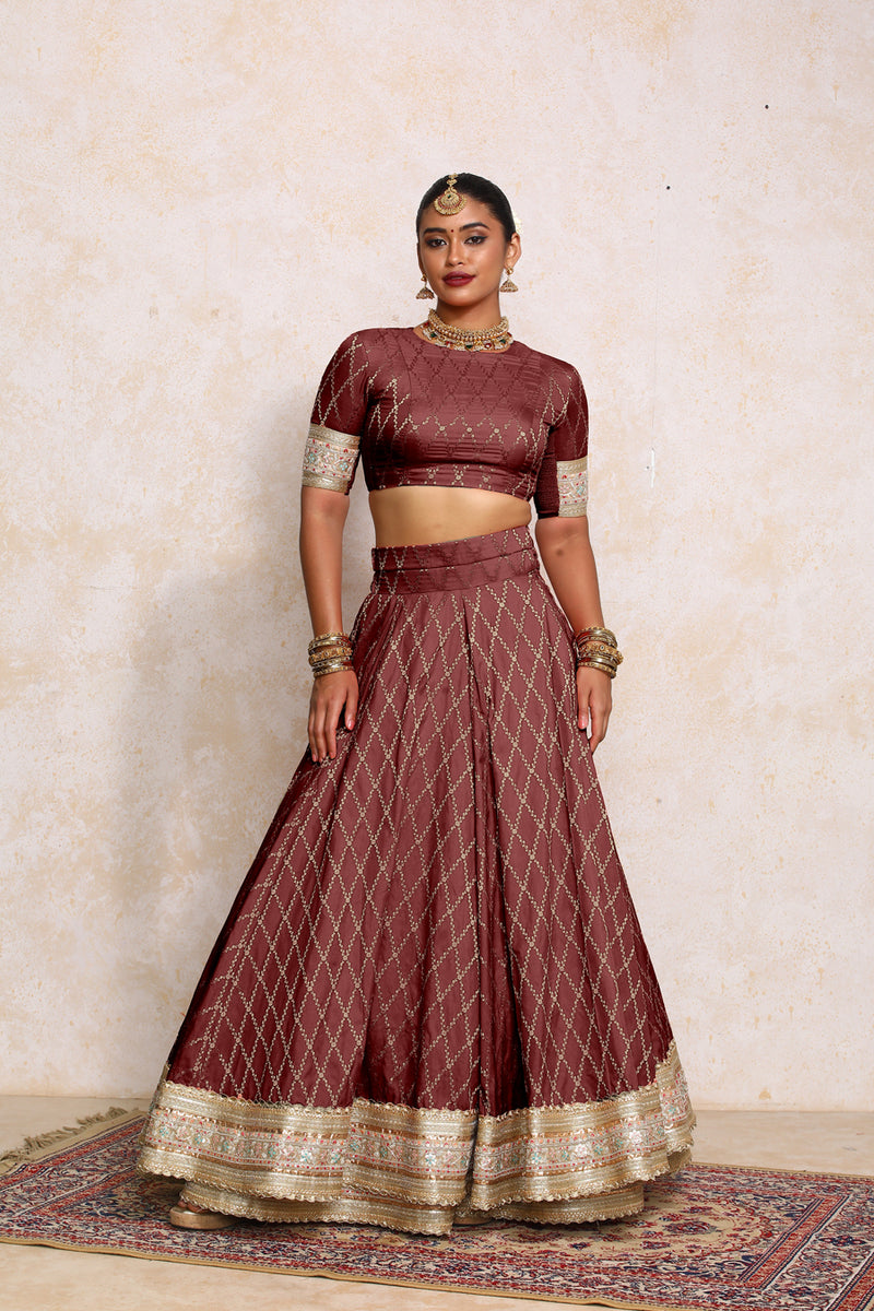 Hoor x Tyohaar | Deep Burgundy Vine Mesh Brocade FlareFit™ Lehenga Set with Dupatta-Binks