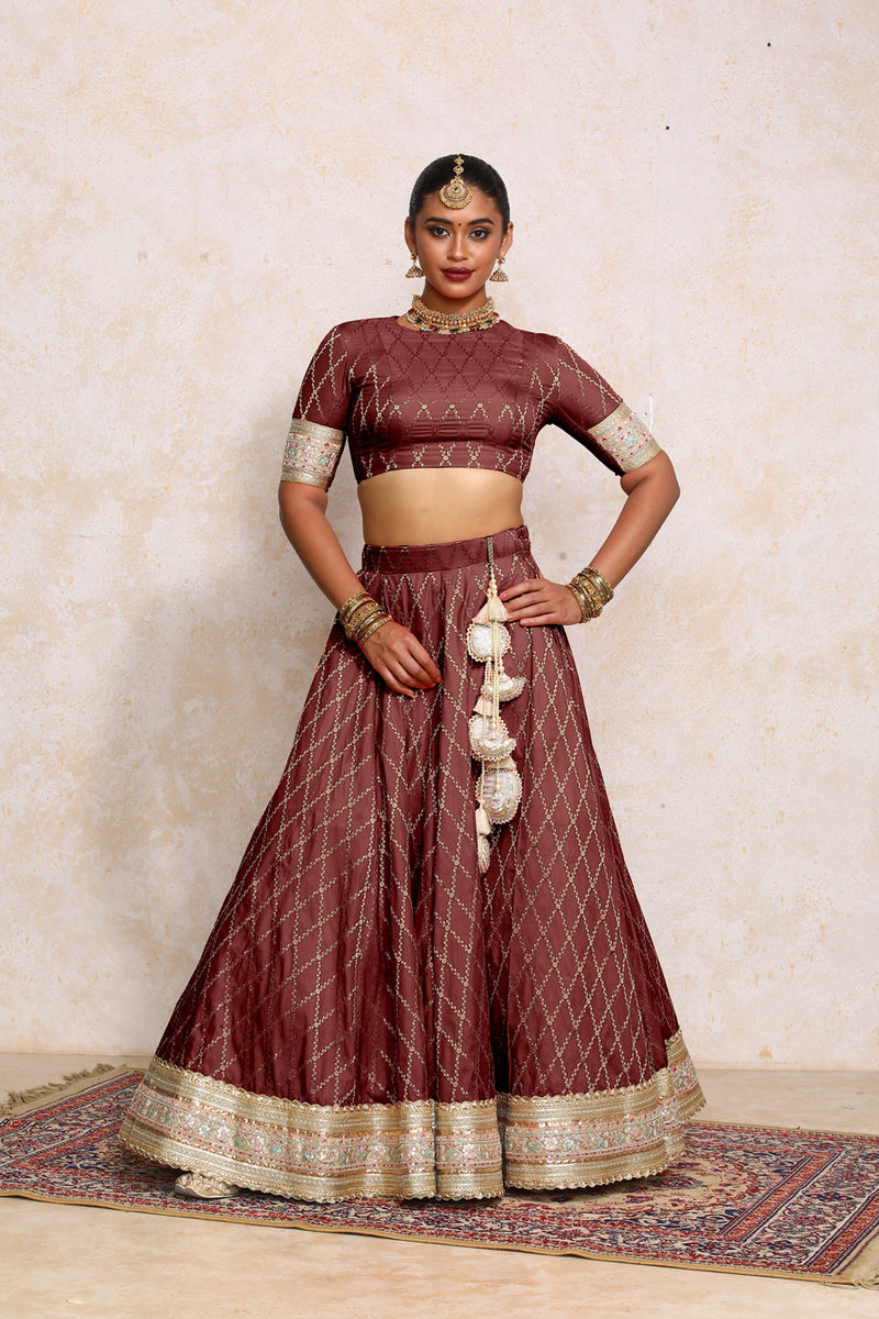 Hoor x Tyohaar | Deep Burgundy Vine Mesh Brocade FlareFit™ Lehenga Set with Dupatta-Binks