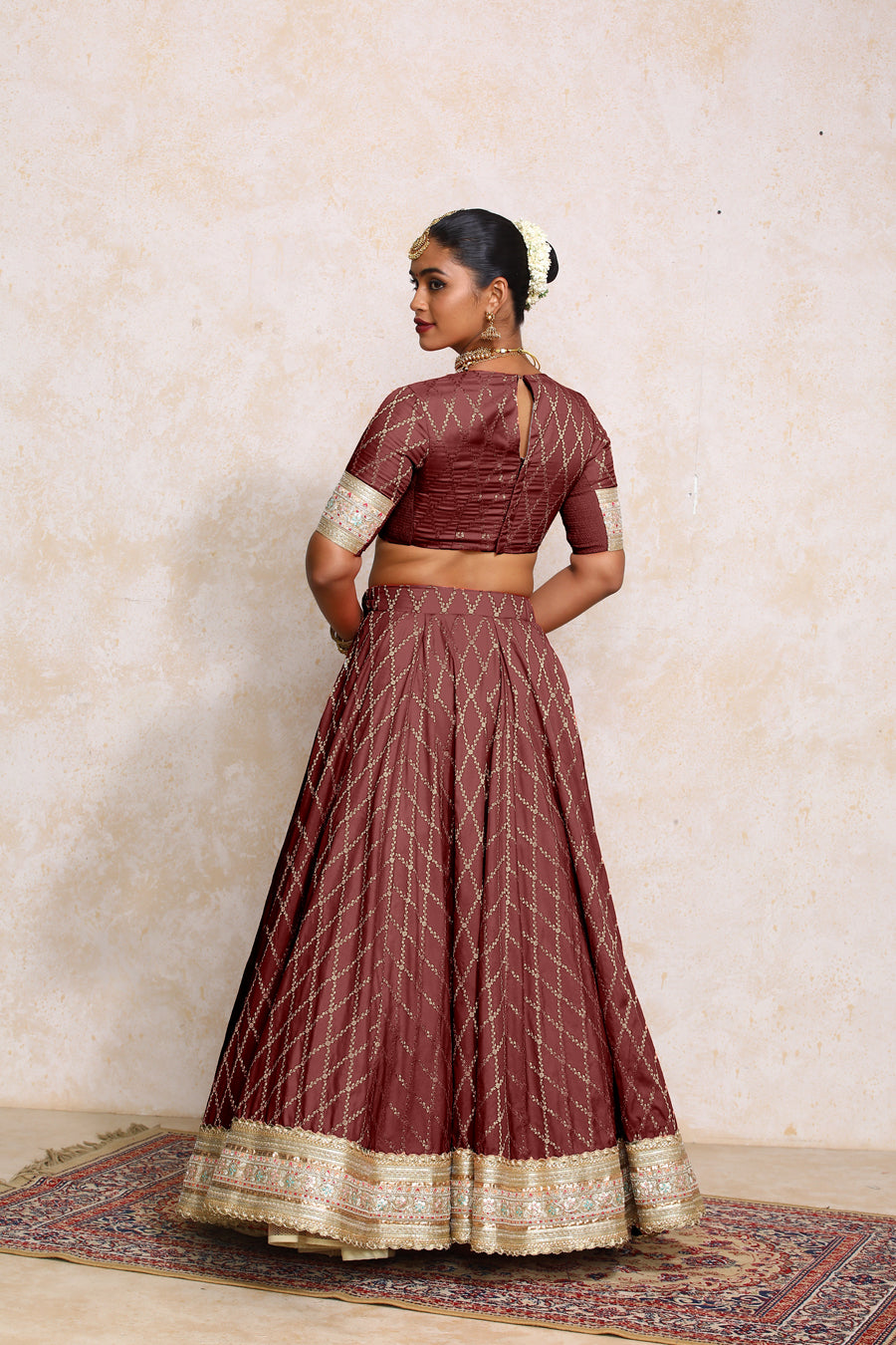 Hoor x Tyohaar Lehenga Set, in Maroon Viscose Silk Brocade, featuring elbow sleeves and jewel neckline (view 2).