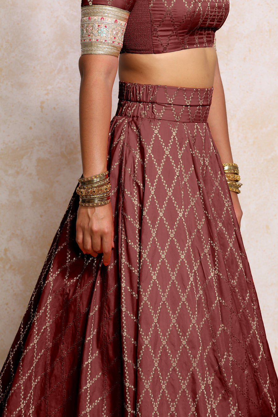 Hoor x Tyohaar Lehenga Set, in Maroon Viscose Silk Brocade, featuring elbow sleeves and jewel neckline (view 3).