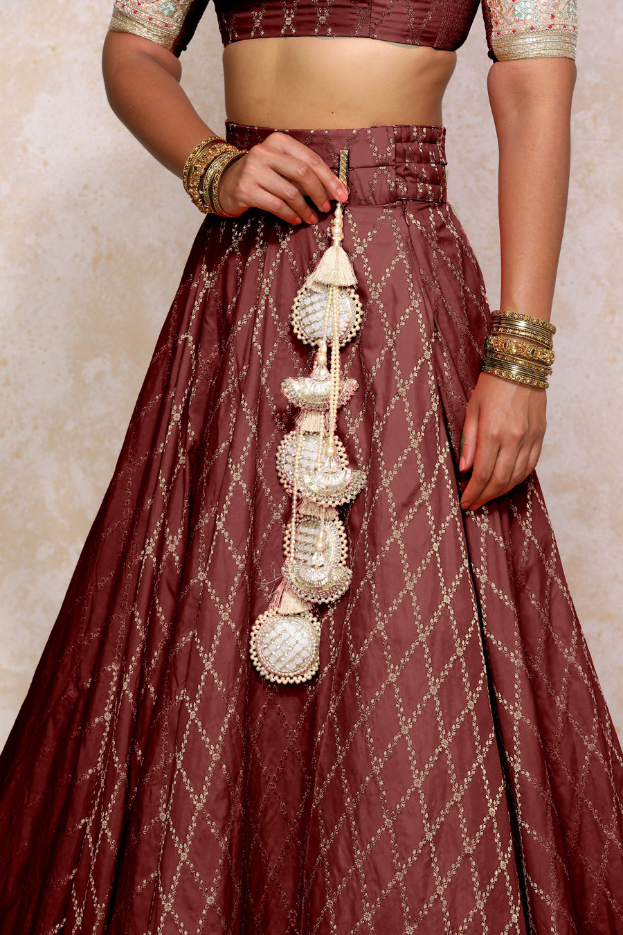 Hoor x Tyohaar Lehenga Set, in Maroon Viscose Silk Brocade, featuring elbow sleeves and jewel neckline (view 6).