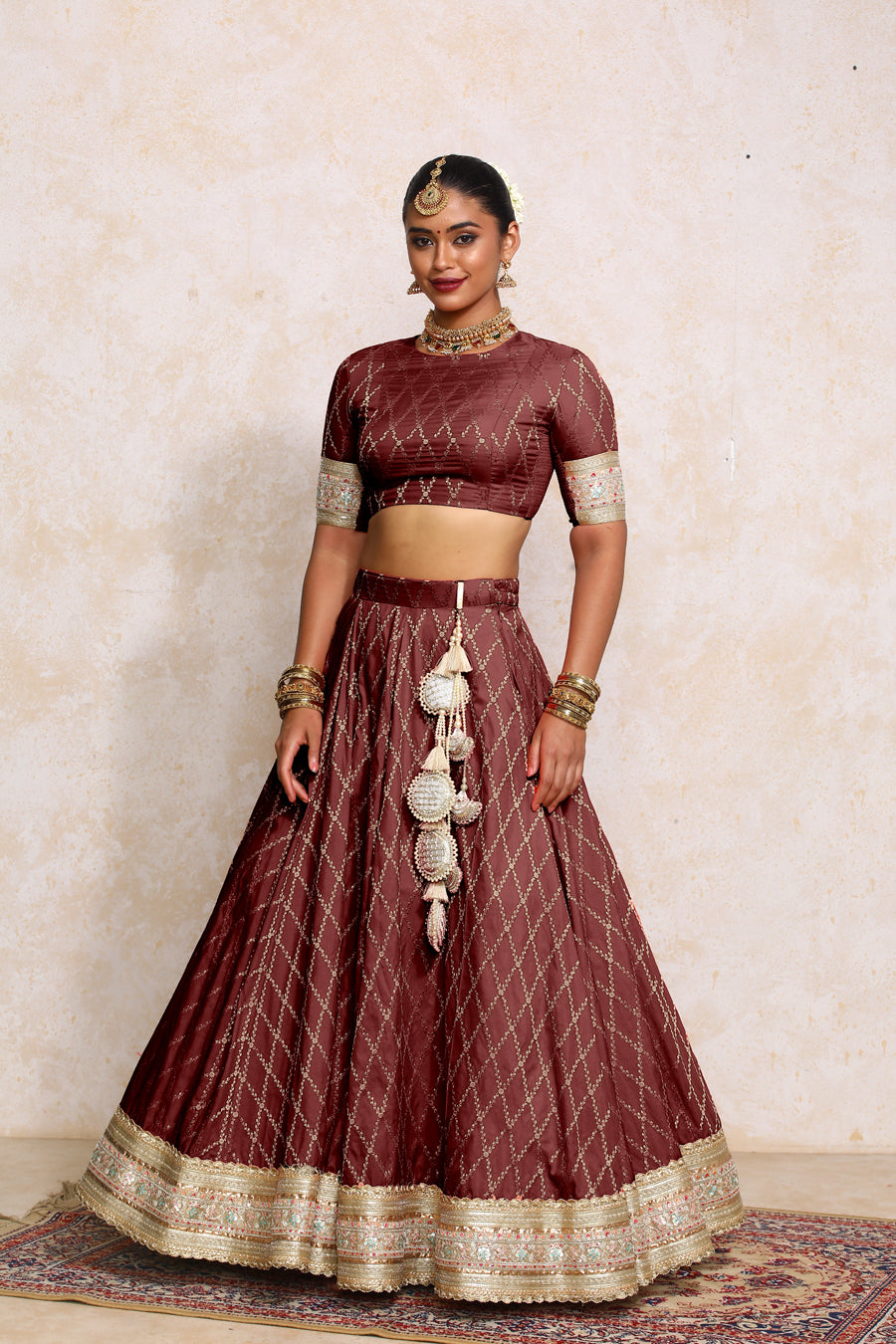 Hoor x Tyohaar Lehenga Set, in Maroon Viscose Silk Brocade, featuring elbow sleeves and jewel neckline (view 7).