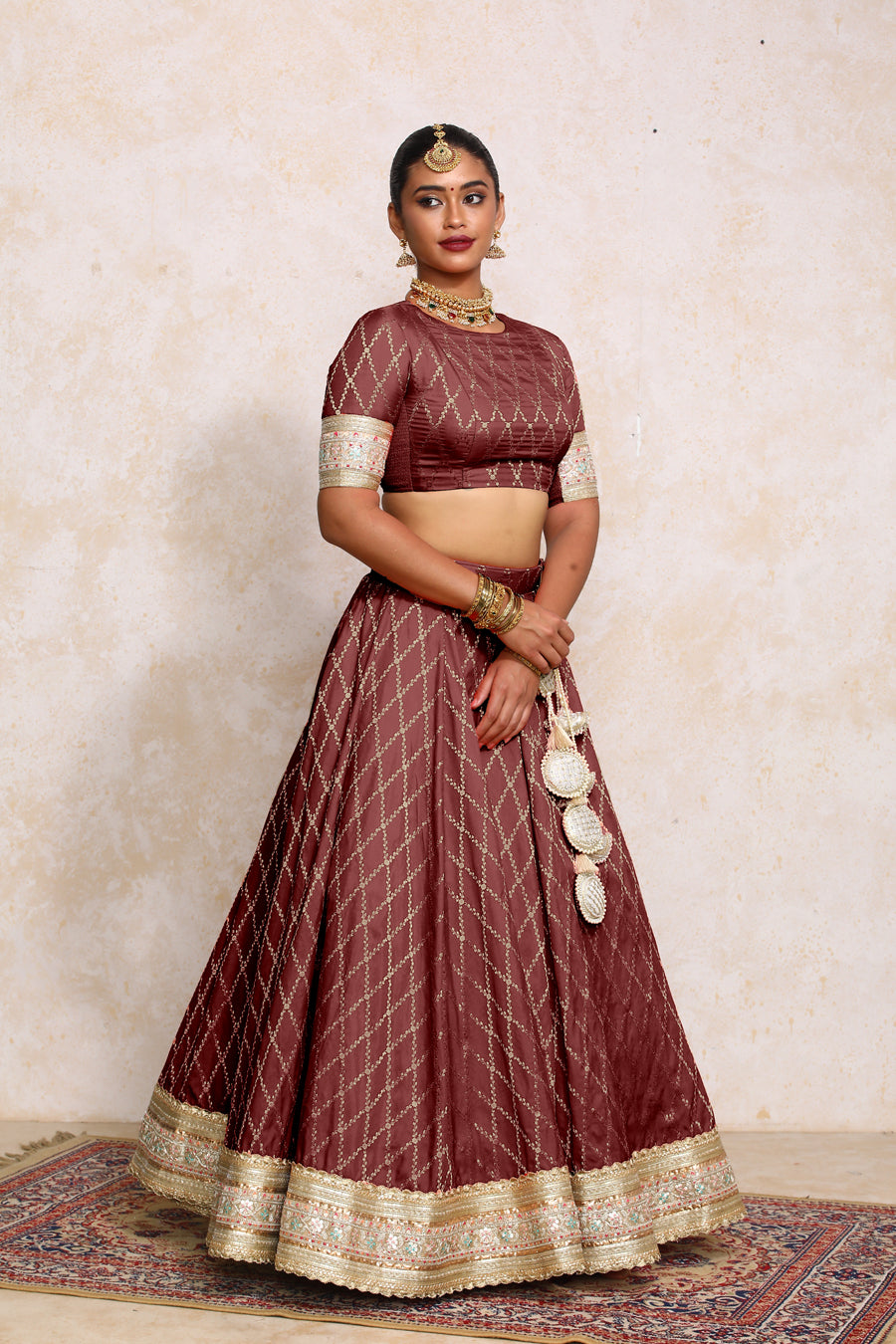 Hoor x Tyohaar Lehenga Set, in Maroon Viscose Silk Brocade, featuring elbow sleeves and jewel neckline (view 8).