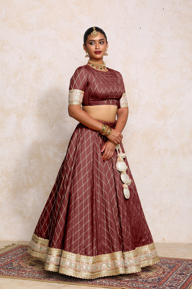 Hoor x Tyohaar | Deep Burgundy Vine Mesh Brocade FlareFit™ Lehenga Set with Dupatta-Binks