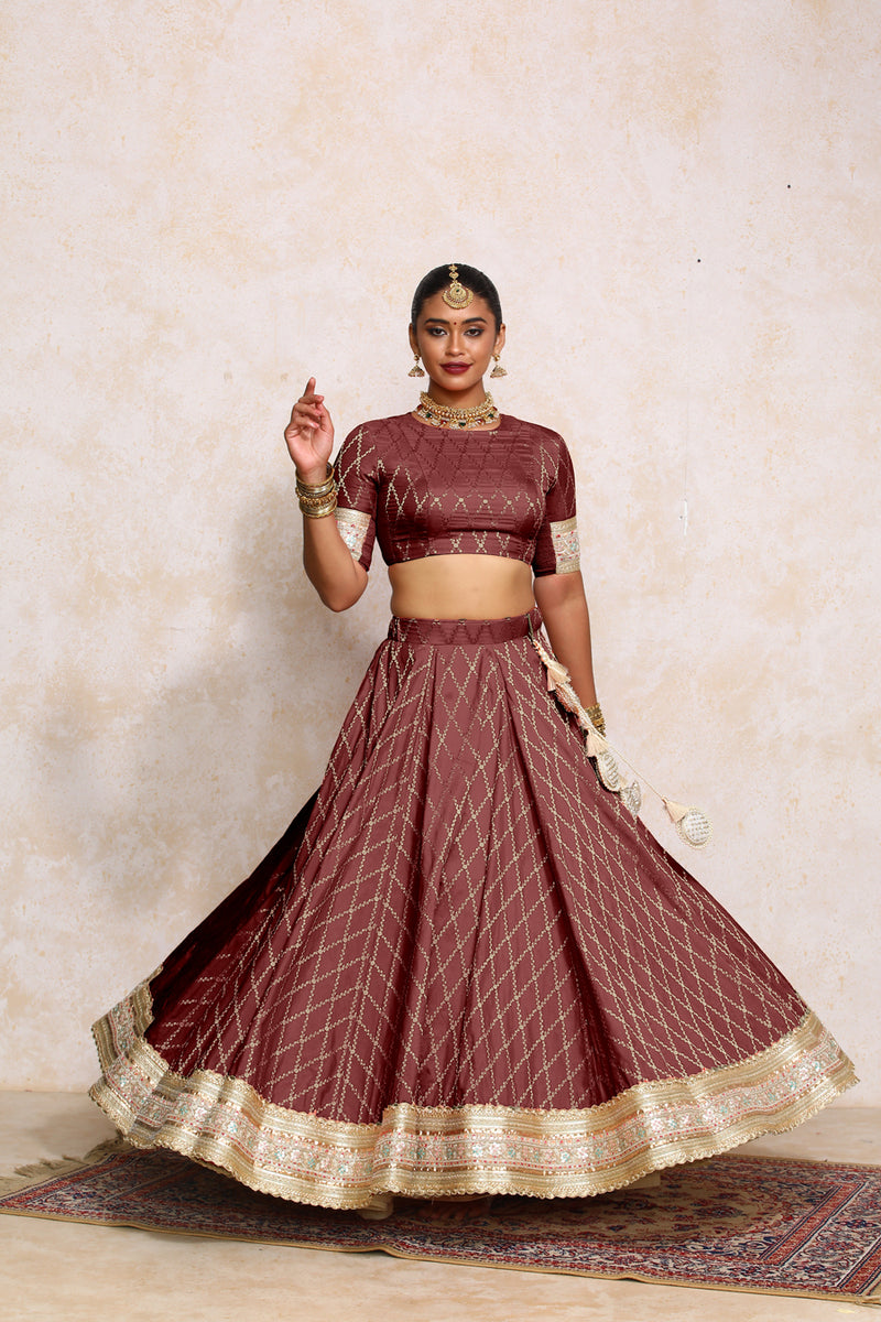 Hoor x Tyohaar | Deep Burgundy Vine Mesh Brocade FlareFit™ Lehenga Set with Dupatta-Binks