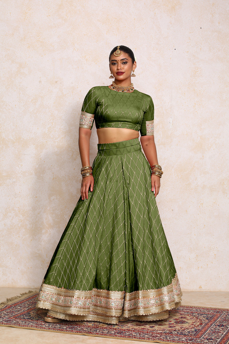Hoor x Tyohaar | Deep Olive Vine Mesh Brocade FlareFit™ Lehenga Set with Dupatta-Binks