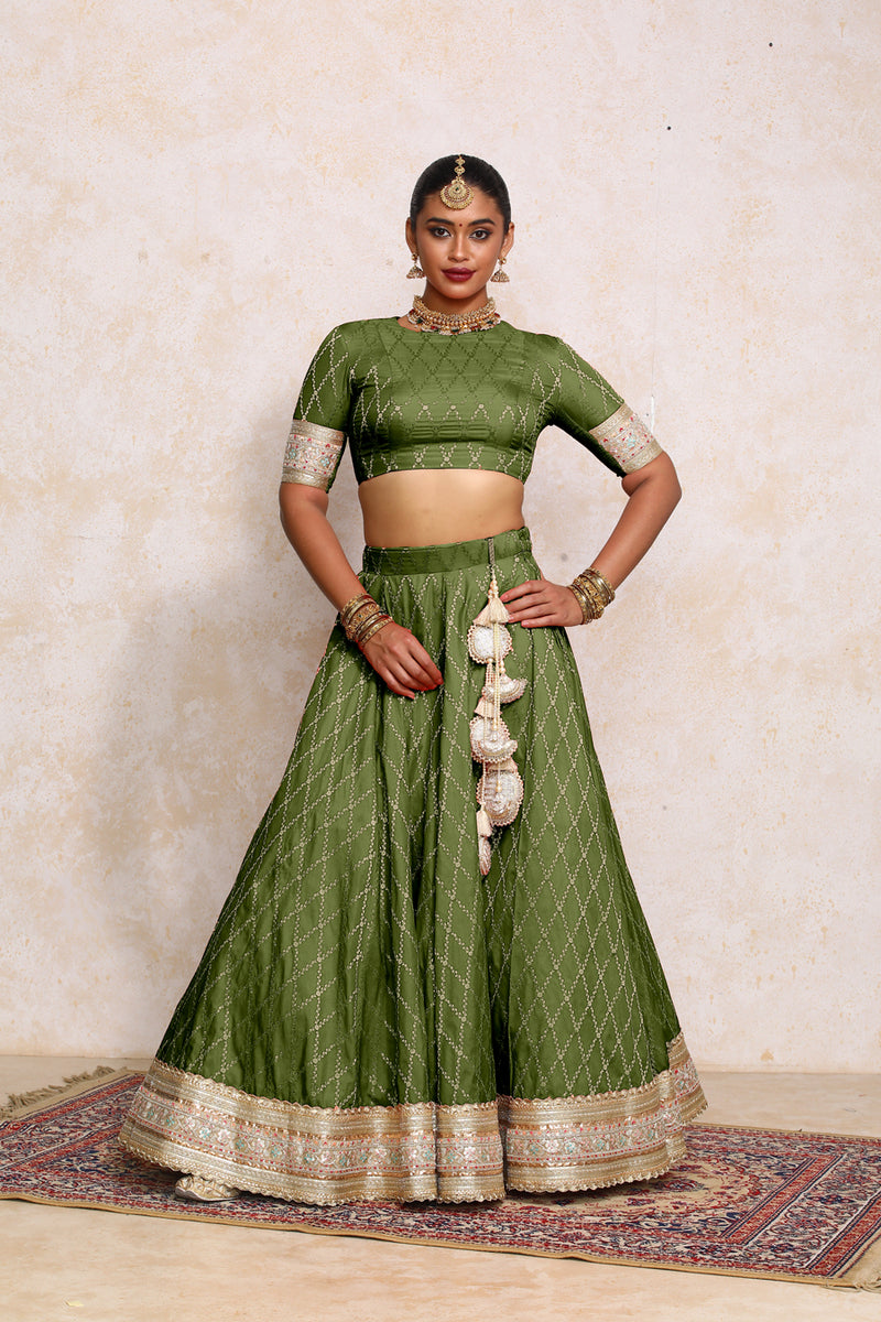 Hoor x Tyohaar | Deep Olive Vine Mesh Brocade FlareFit™ Lehenga Set with Dupatta-Binks