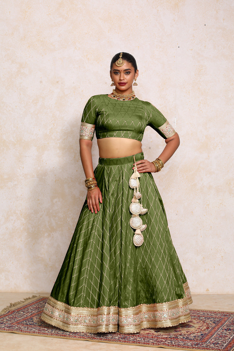 Hoor x Tyohaar | Deep Olive Vine Mesh Brocade FlareFit™ Lehenga Set with Dupatta-Binks