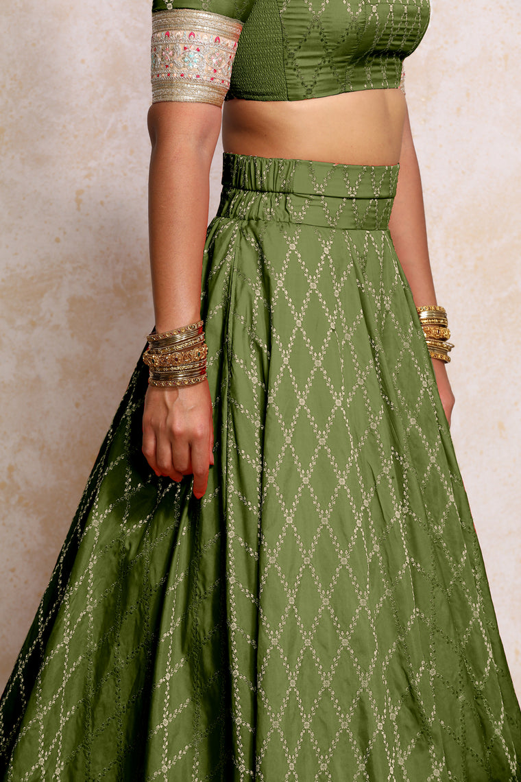 Hoor x Tyohaar Lehenga Set, in Green Viscose Silk Brocade, featuring elbow sleeves and jewel neckline (view 3).