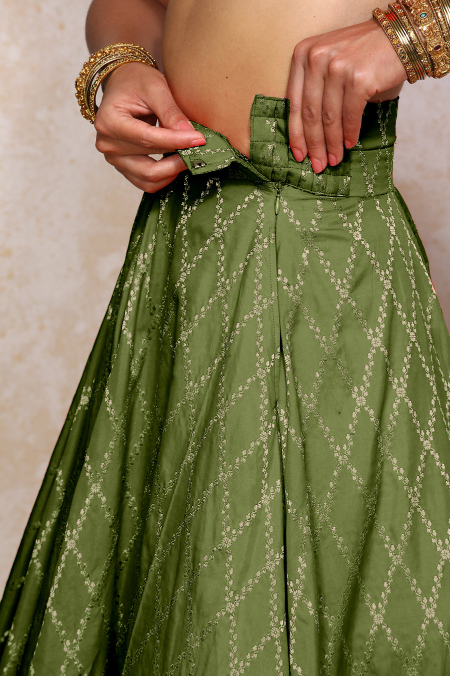 Hoor x Tyohaar Lehenga Set, in Green Viscose Silk Brocade, featuring elbow sleeves and jewel neckline (view 4).