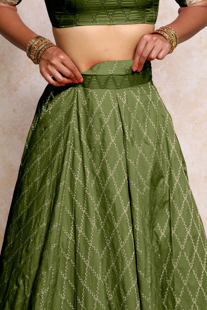 Hoor x Tyohaar | Deep Olive Vine Mesh Brocade FlareFit™ Lehenga Set with Dupatta-Binks