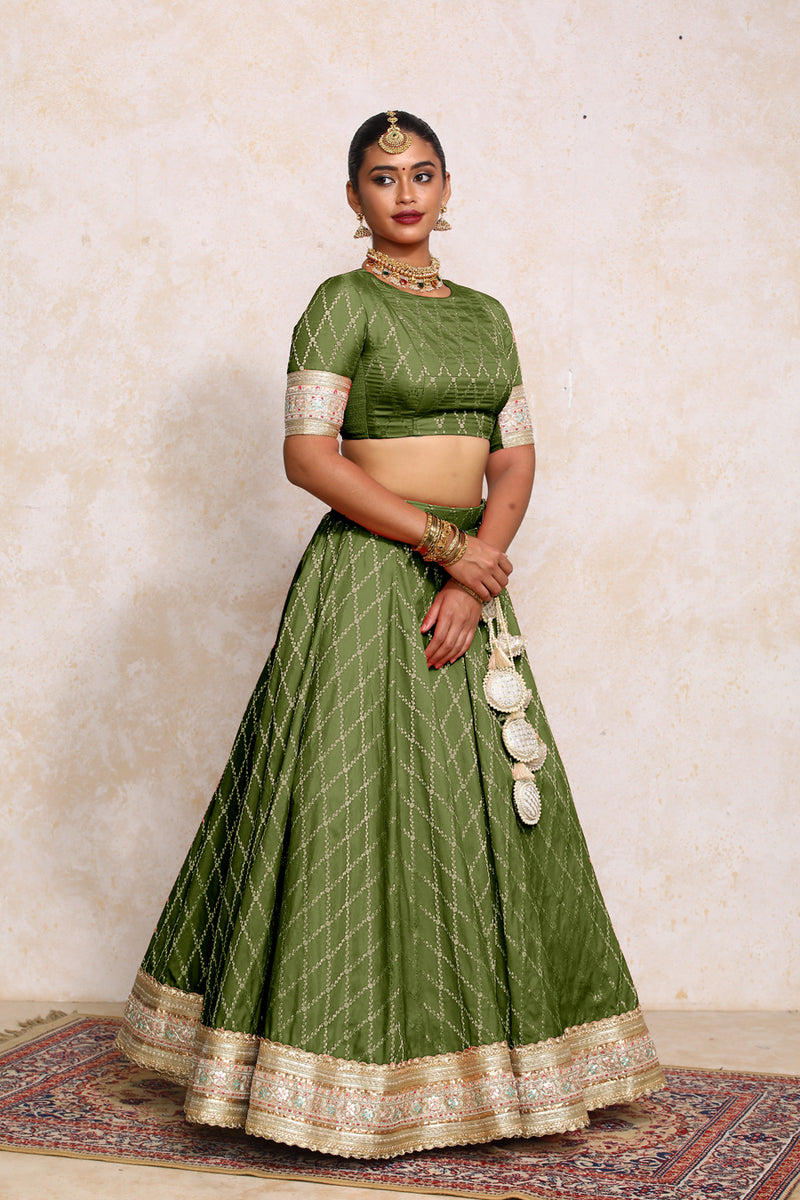 Hoor x Tyohaar | Deep Olive Vine Mesh Brocade FlareFit™ Lehenga Set with Dupatta-Binks