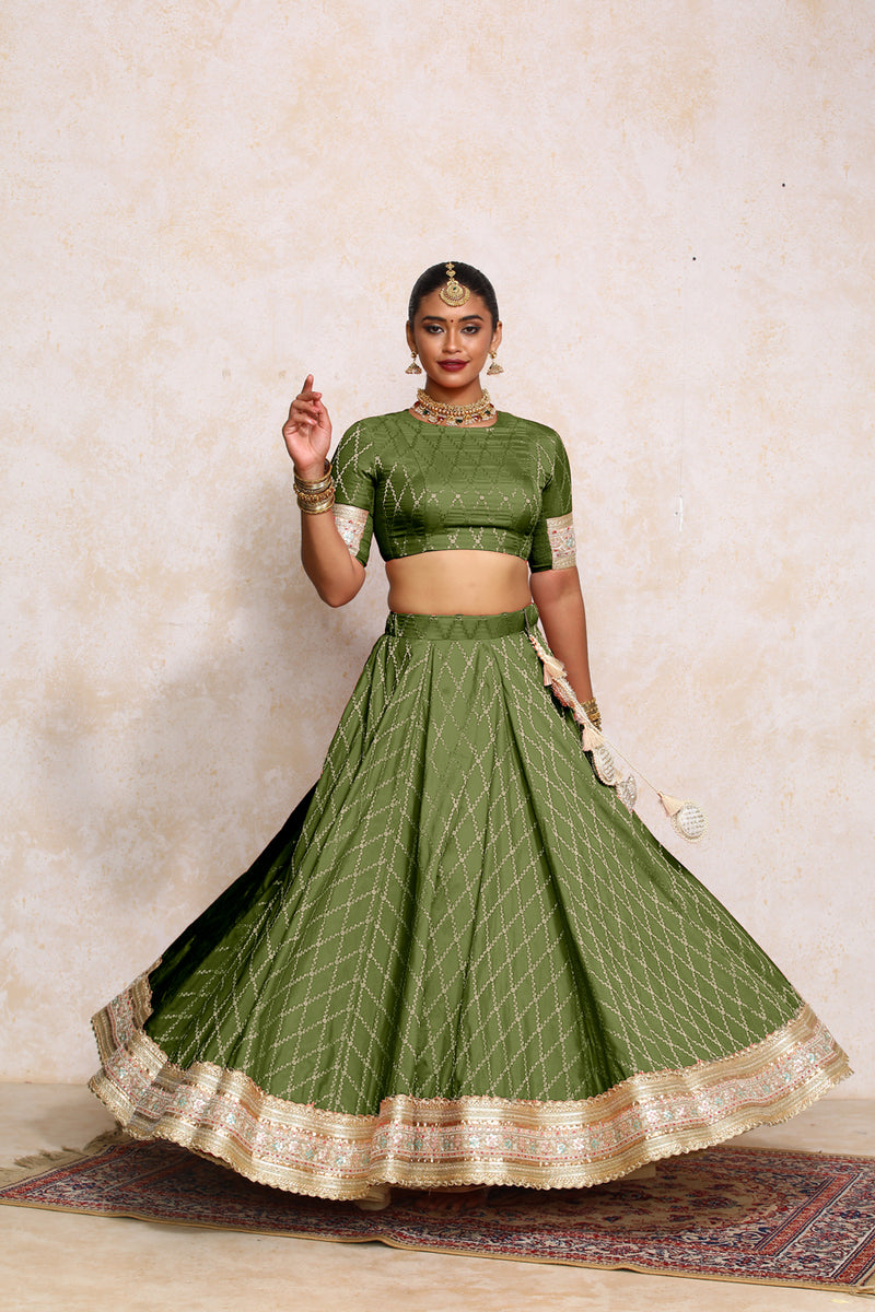 Hoor x Tyohaar | Deep Olive Vine Mesh Brocade FlareFit™ Lehenga Set with Dupatta-Binks