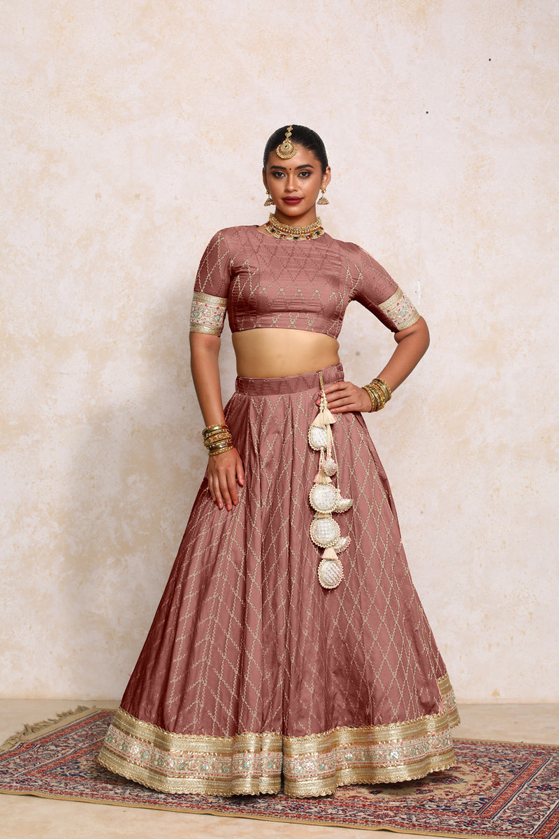 Hoor x Tyohaar | Dusky Mauve Vine Mesh Brocade FlareFit™ Lehenga Set with Dupatta-Binks