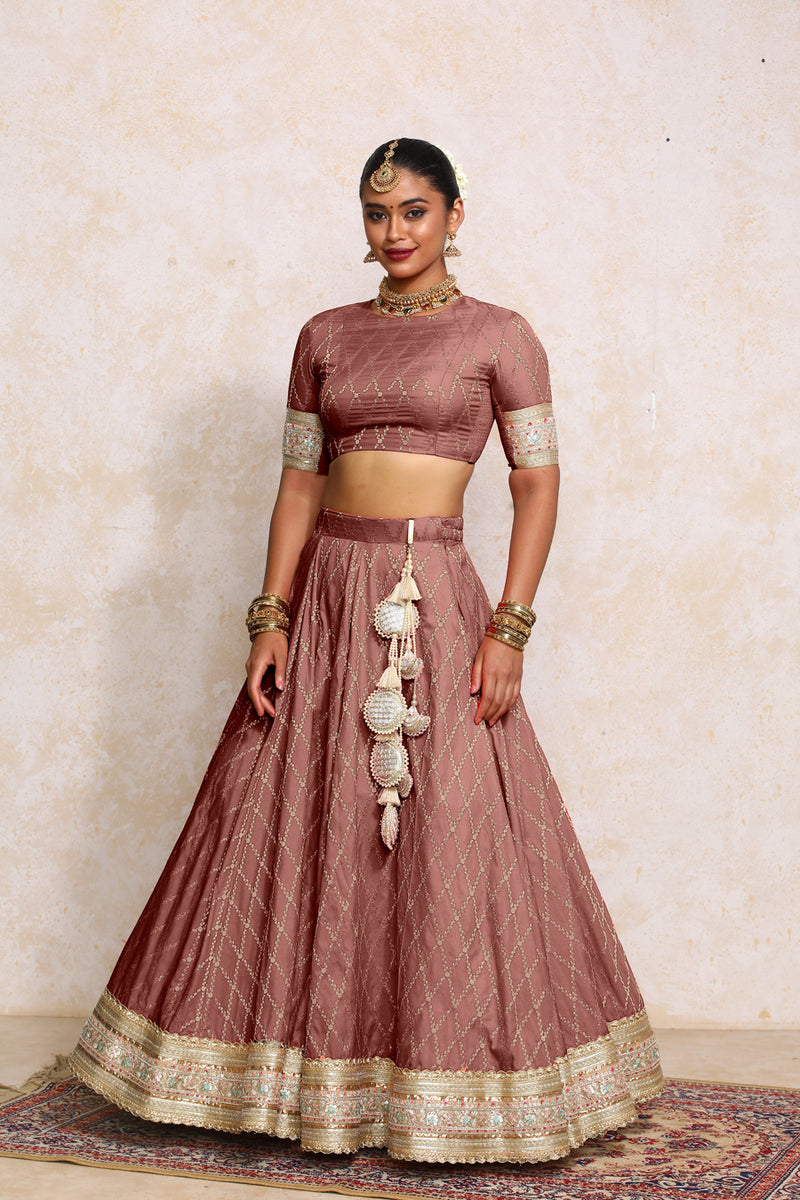 Hoor x Tyohaar | Dusky Mauve Vine Mesh Brocade FlareFit™ Lehenga Set with Dupatta-Binks