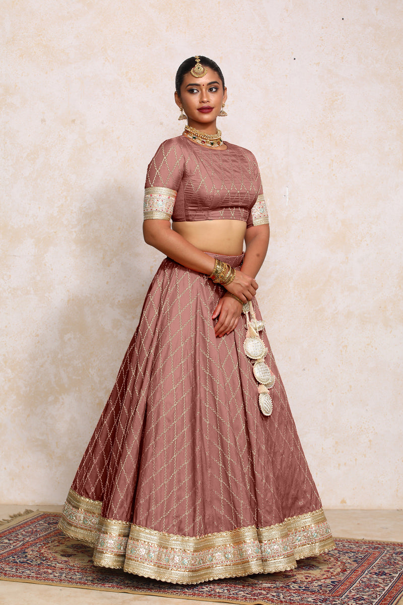 Hoor x Tyohaar | Dusky Mauve Vine Mesh Brocade FlareFit™ Lehenga Set with Dupatta-Binks