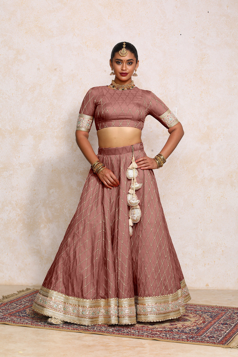 Hoor x Tyohaar | Dusky Mauve Vine Mesh Brocade FlareFit™ Lehenga Set with Dupatta-Binks