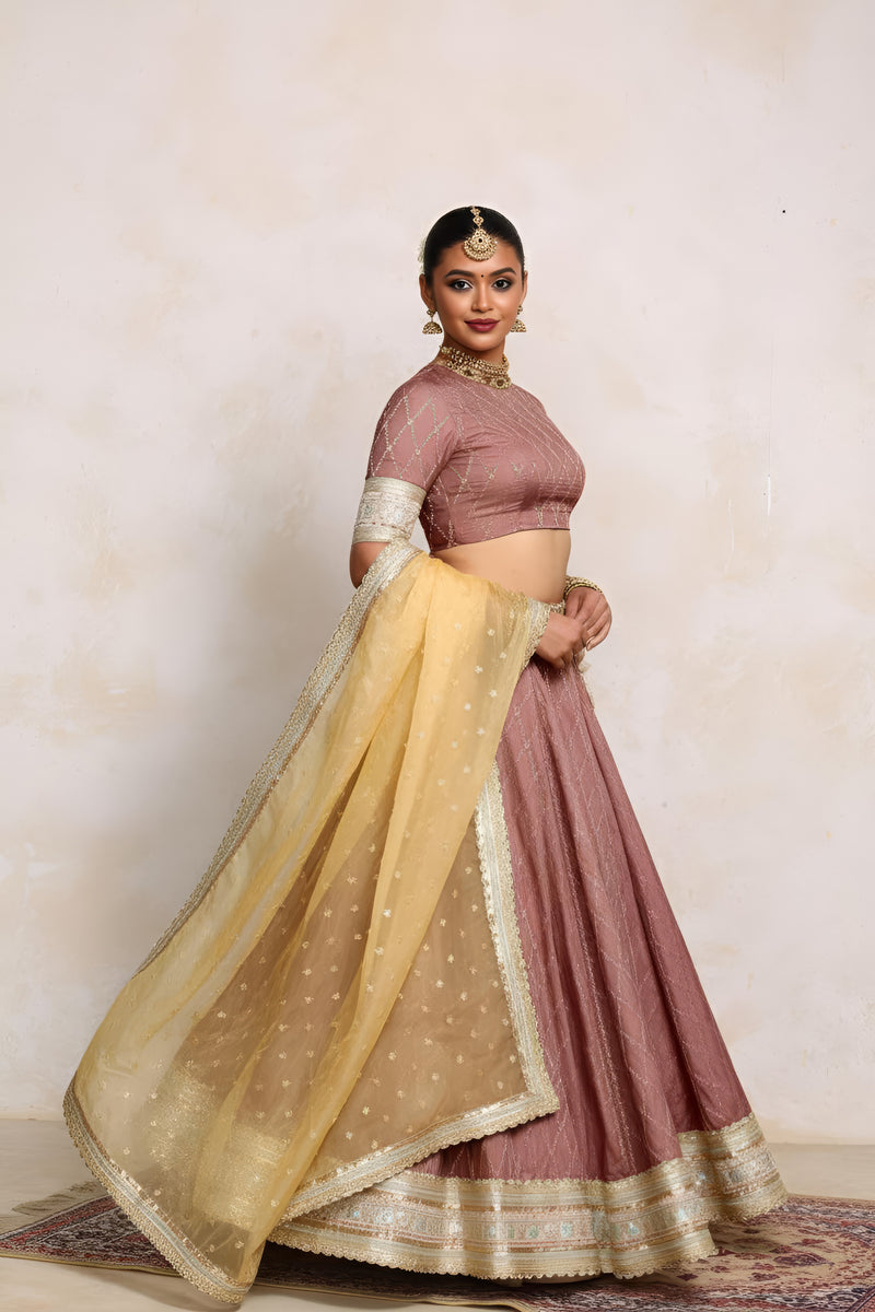 Hoor x Tyohaar | Dusky Mauve Vine Mesh Brocade FlareFit™ Lehenga Set with Dupatta-Binks
