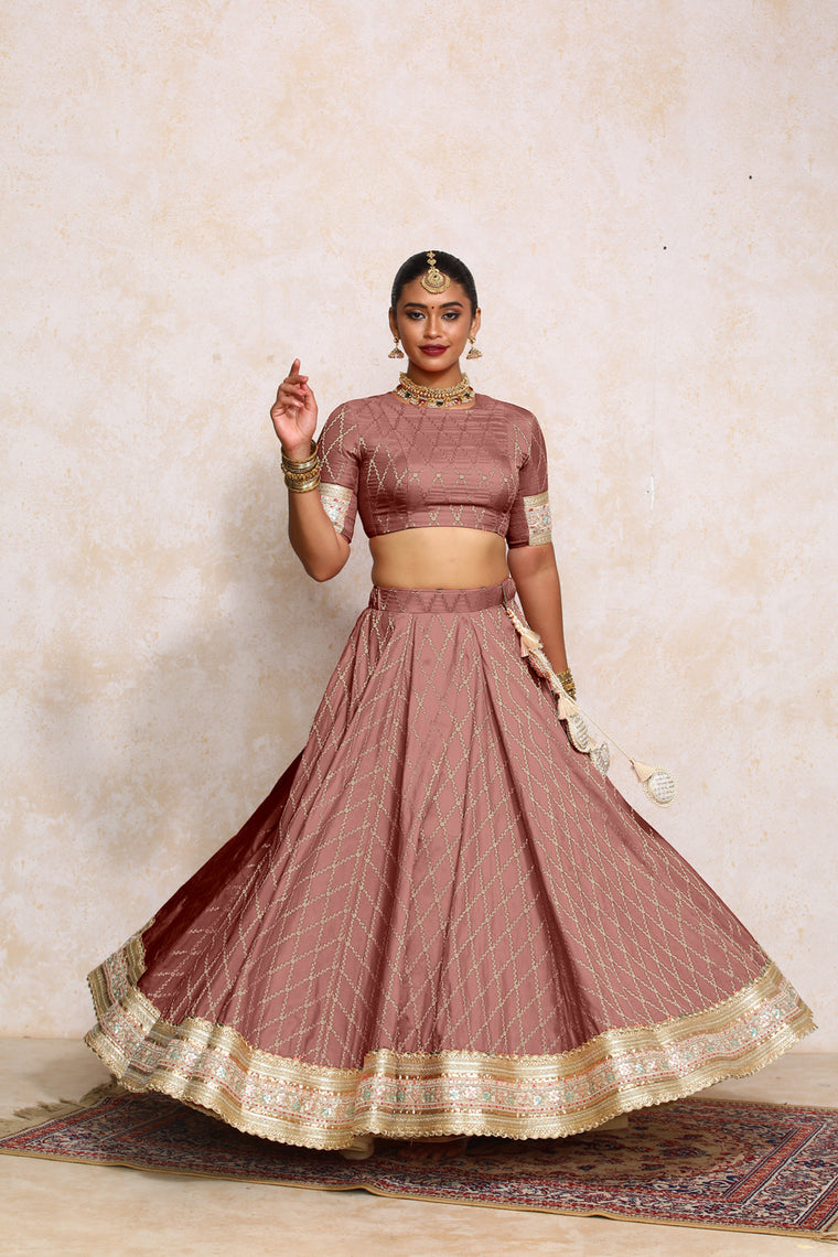 Hoor x Tyohaar Lehenga Set, in Pink Viscose Silk Brocade, featuring elbow sleeves and jewel neckline (view 2).
