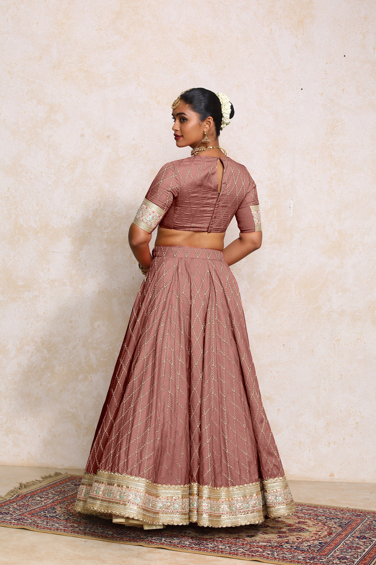 Hoor x Tyohaar Lehenga Set, in Pink Viscose Silk Brocade, featuring elbow sleeves and jewel neckline (view 3).
