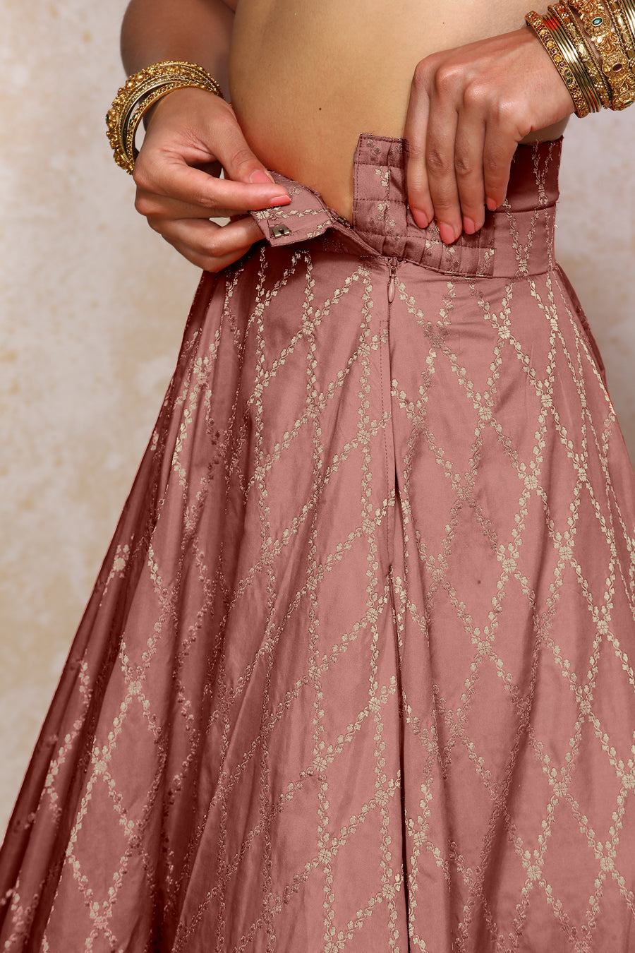 Hoor x Tyohaar Lehenga Set, in Pink Viscose Silk Brocade, featuring elbow sleeves and jewel neckline (view 5).