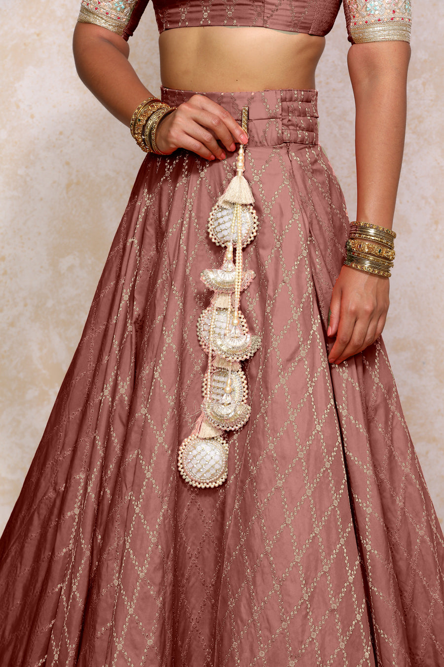 Hoor x Tyohaar Lehenga Set, in Pink Viscose Silk Brocade, featuring elbow sleeves and jewel neckline (view 7).