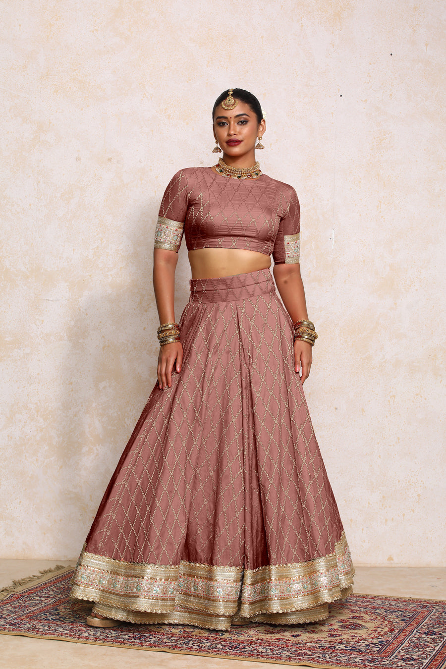 Hoor x Tyohaar Lehenga Set, in Pink Viscose Silk Brocade, featuring elbow sleeves and jewel neckline (view 8).