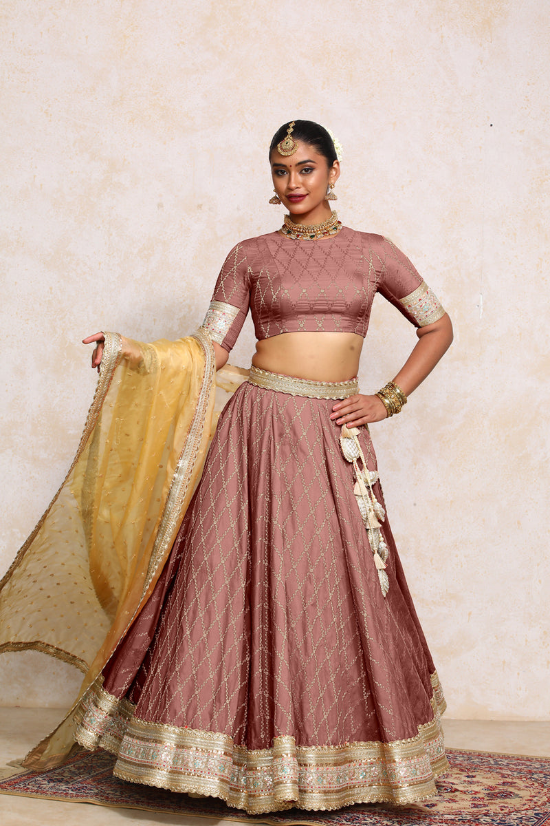 Hoor x Tyohaar | Dusky Mauve Vine Mesh Brocade FlareFit™ Lehenga Set with Dupatta-Binks