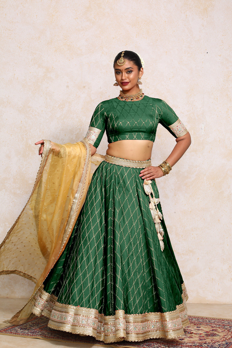 Hoor x Tyohaar | Emerald Green Vine Mesh Brocade FlareFit™ Lehenga Set with Dupatta-Binks
