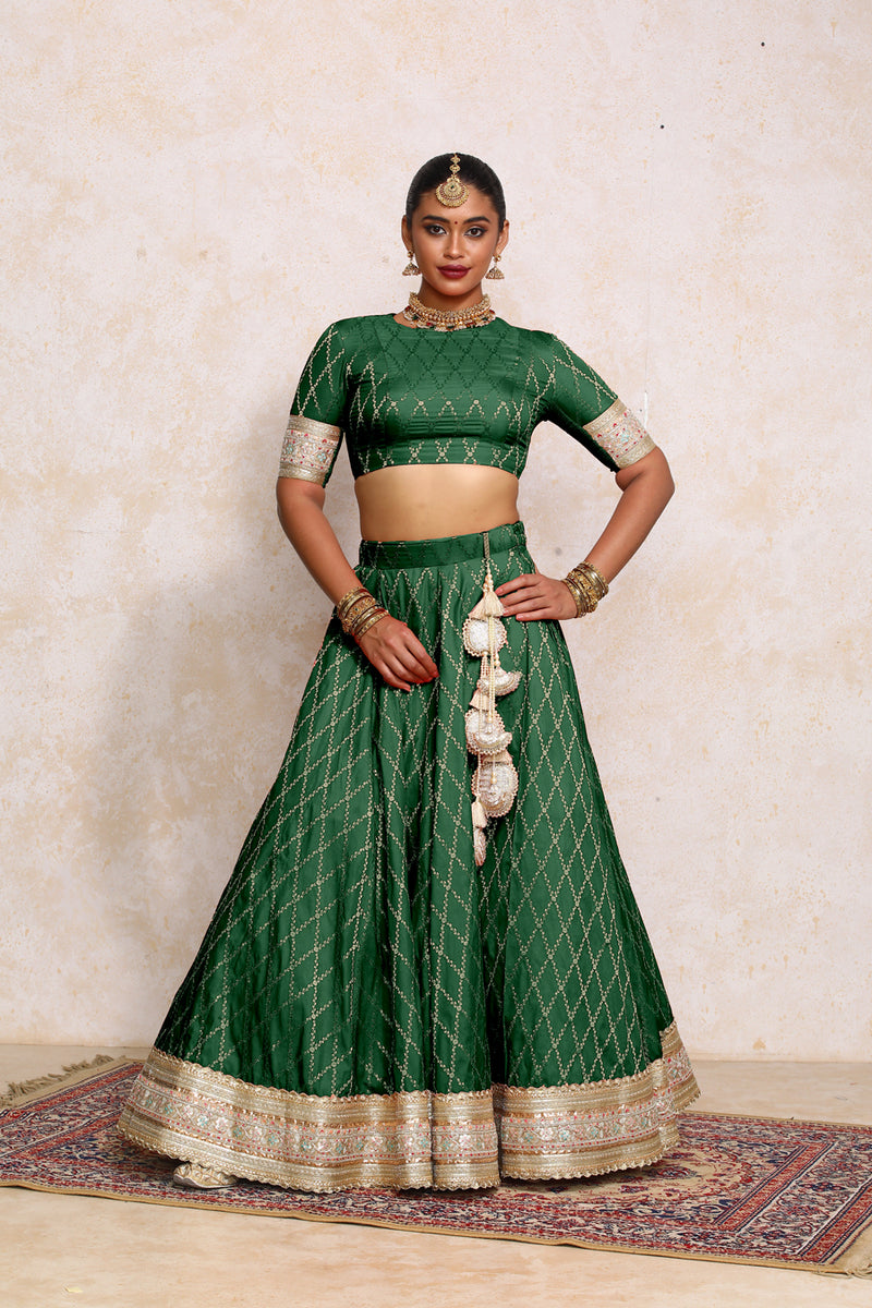 Hoor x Tyohaar | Emerald Green Vine Mesh Brocade FlareFit™ Lehenga Set with Dupatta-Binks