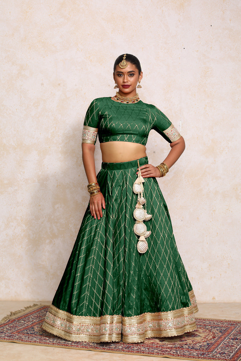 Hoor x Tyohaar | Emerald Green Vine Mesh Brocade FlareFit™ Lehenga Set with Dupatta-Binks