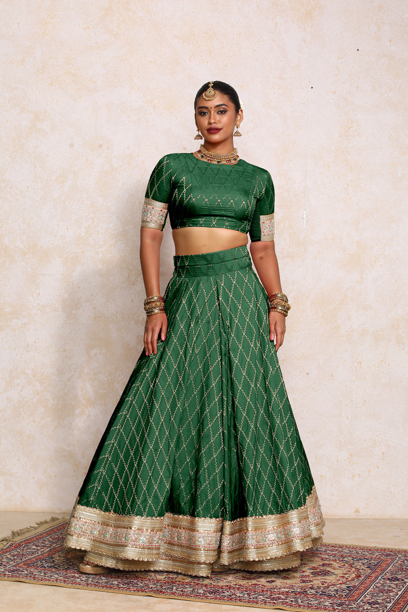 Hoor x Tyohaar | Emerald Green Vine Mesh Brocade FlareFit™ Lehenga Set with Dupatta-Binks