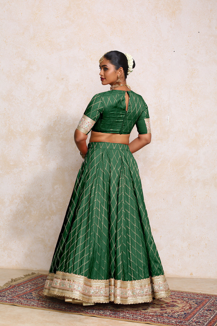 Hoor x Tyohaar Lehenga Set, in Green Viscose Silk Brocade, featuring elbow sleeves and jewel neckline (view 2).