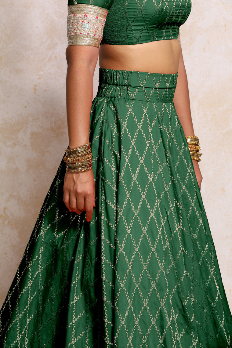 Hoor x Tyohaar Lehenga Set, in Green Viscose Silk Brocade, featuring elbow sleeves and jewel neckline (view 3).