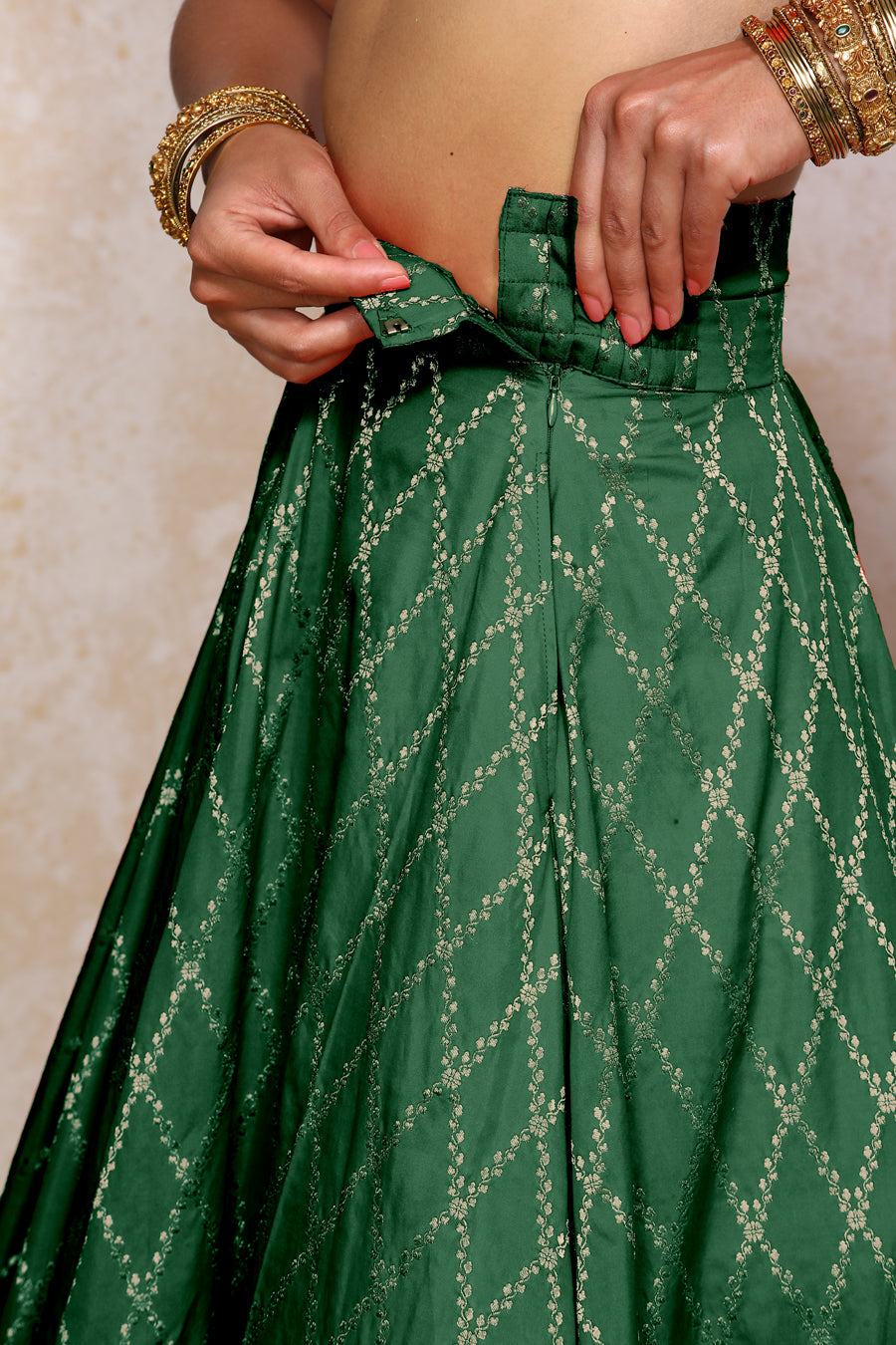 Hoor x Tyohaar Lehenga Set, in Green Viscose Silk Brocade, featuring elbow sleeves and jewel neckline (view 4).