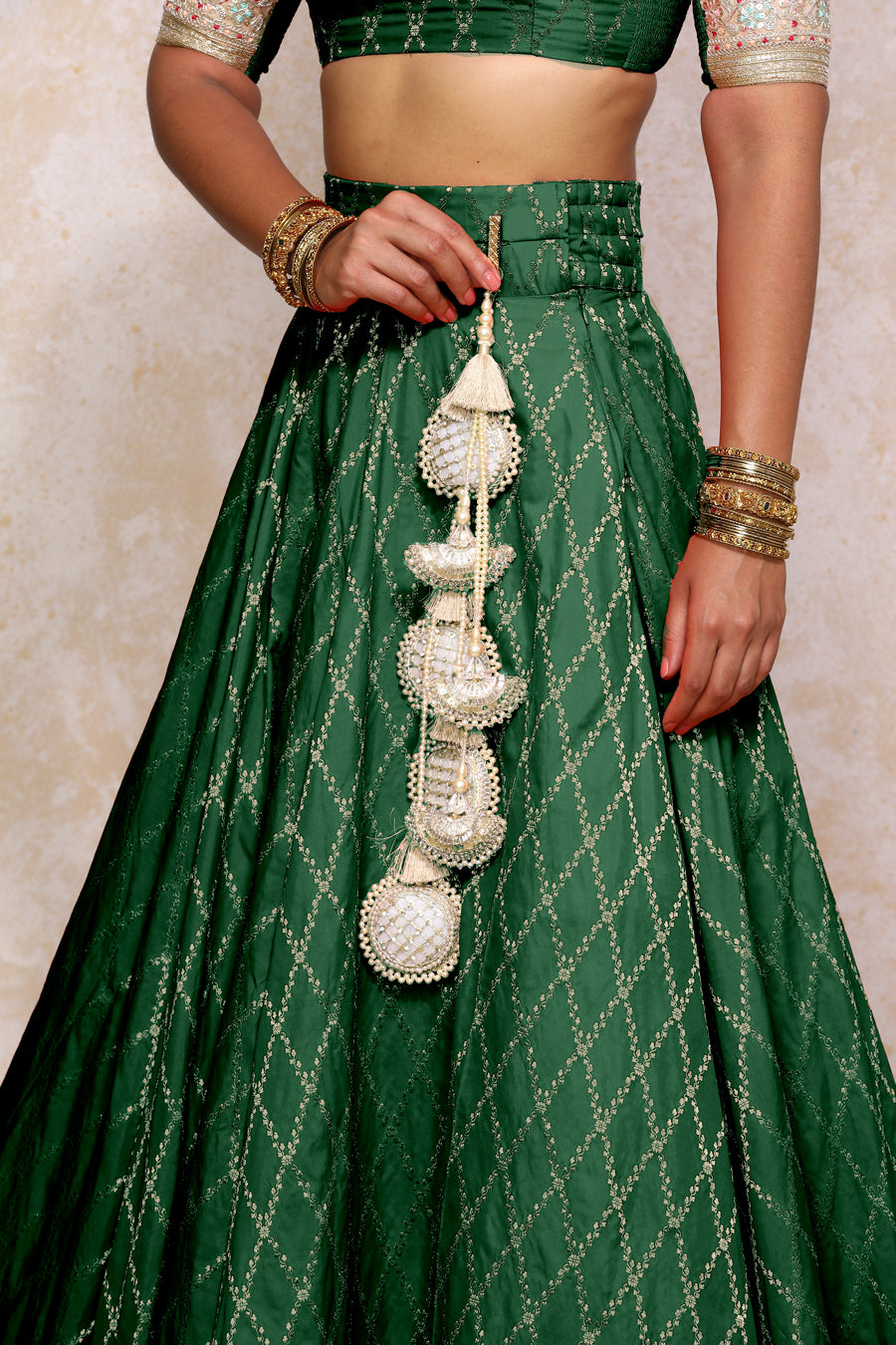Hoor x Tyohaar Lehenga Set, in Green Viscose Silk Brocade, featuring elbow sleeves and jewel neckline (view 6).