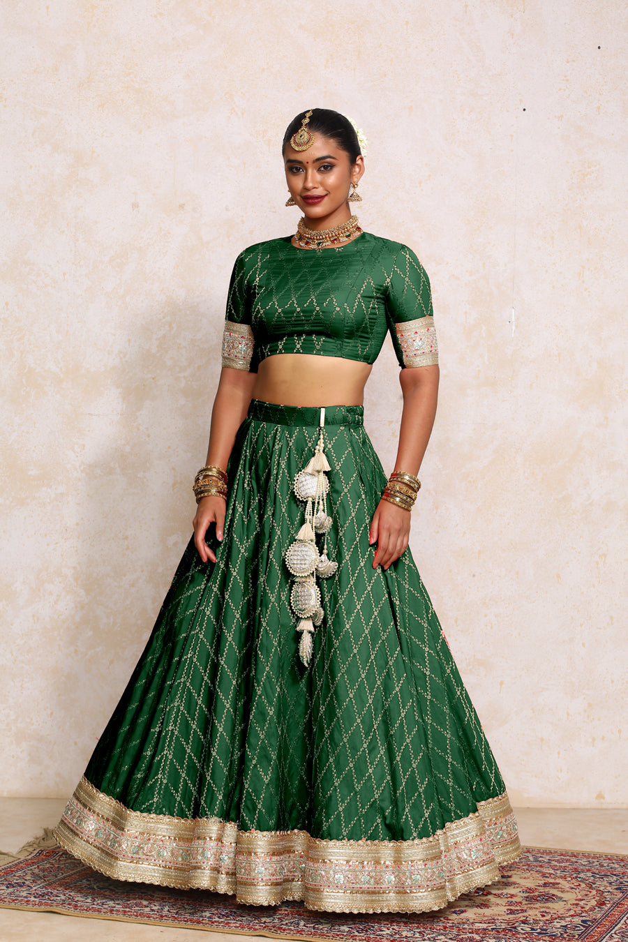 Hoor x Tyohaar Lehenga Set, in Green Viscose Silk Brocade, featuring elbow sleeves and jewel neckline (view 7).
