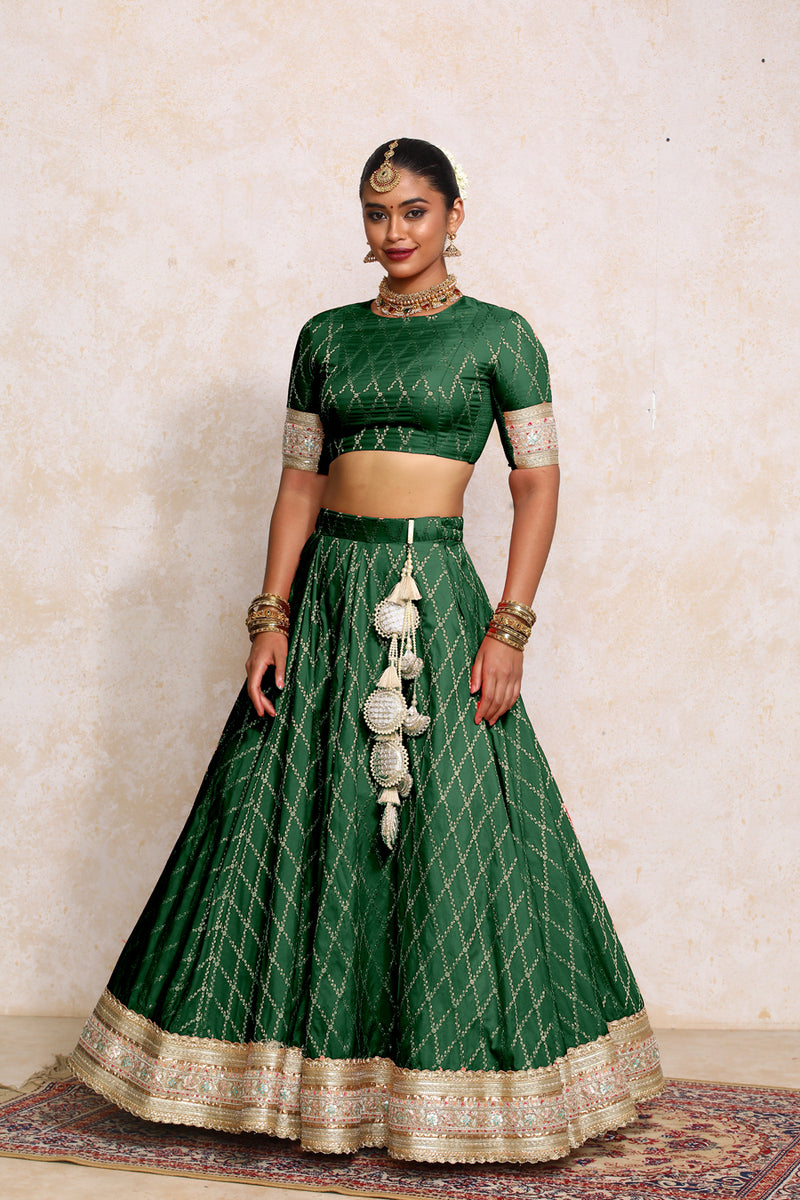 Hoor x Tyohaar | Emerald Green Vine Mesh Brocade FlareFit™ Lehenga Set with Dupatta-Binks