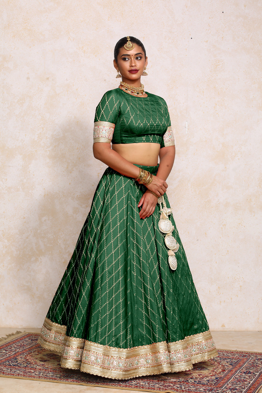 Hoor x Tyohaar Lehenga Set, in Green Viscose Silk Brocade, featuring elbow sleeves and jewel neckline (view 8).