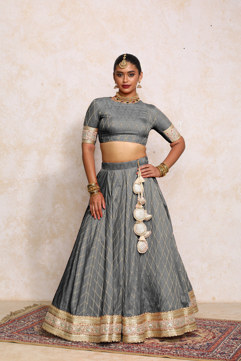 Hoor x Tyohaar | Gilded Grey Vine Mesh Brocade FlareFit™ Lehenga Set with Dupatta-Binks