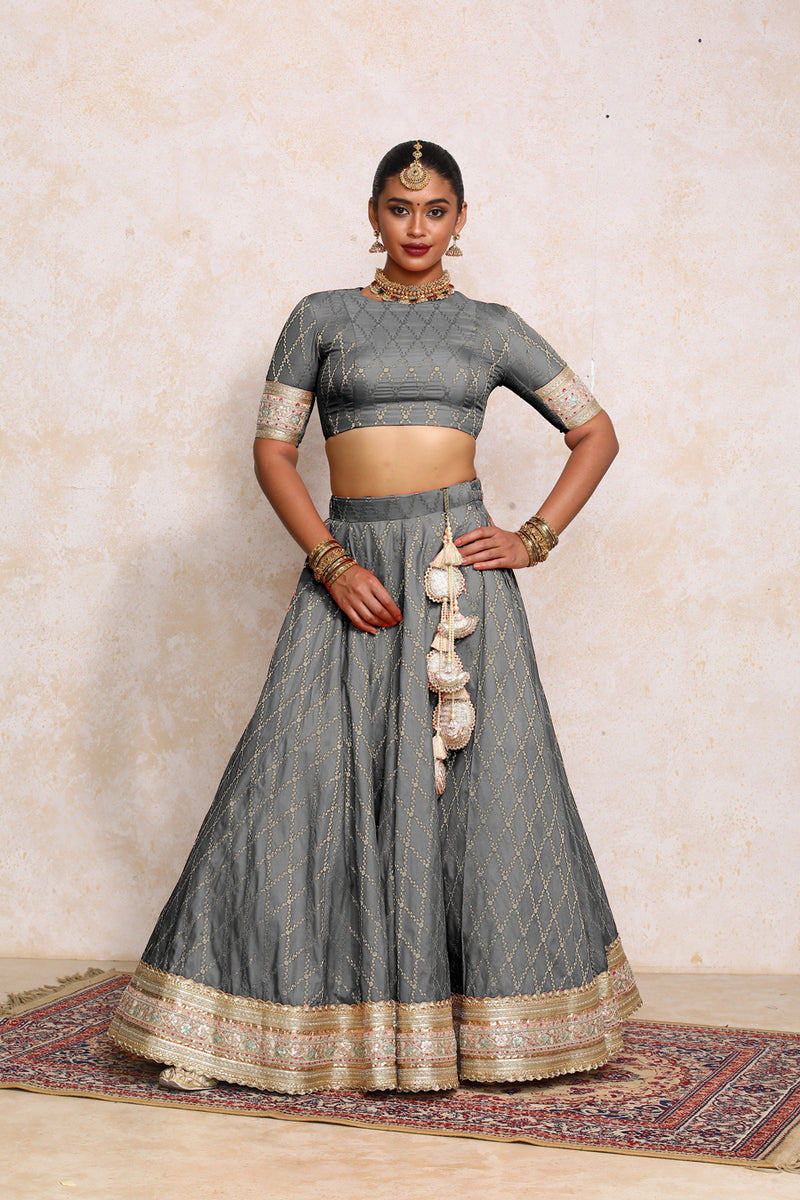 Hoor x Tyohaar | Gilded Grey Vine Mesh Brocade FlareFit™ Lehenga Set with Dupatta-Binks