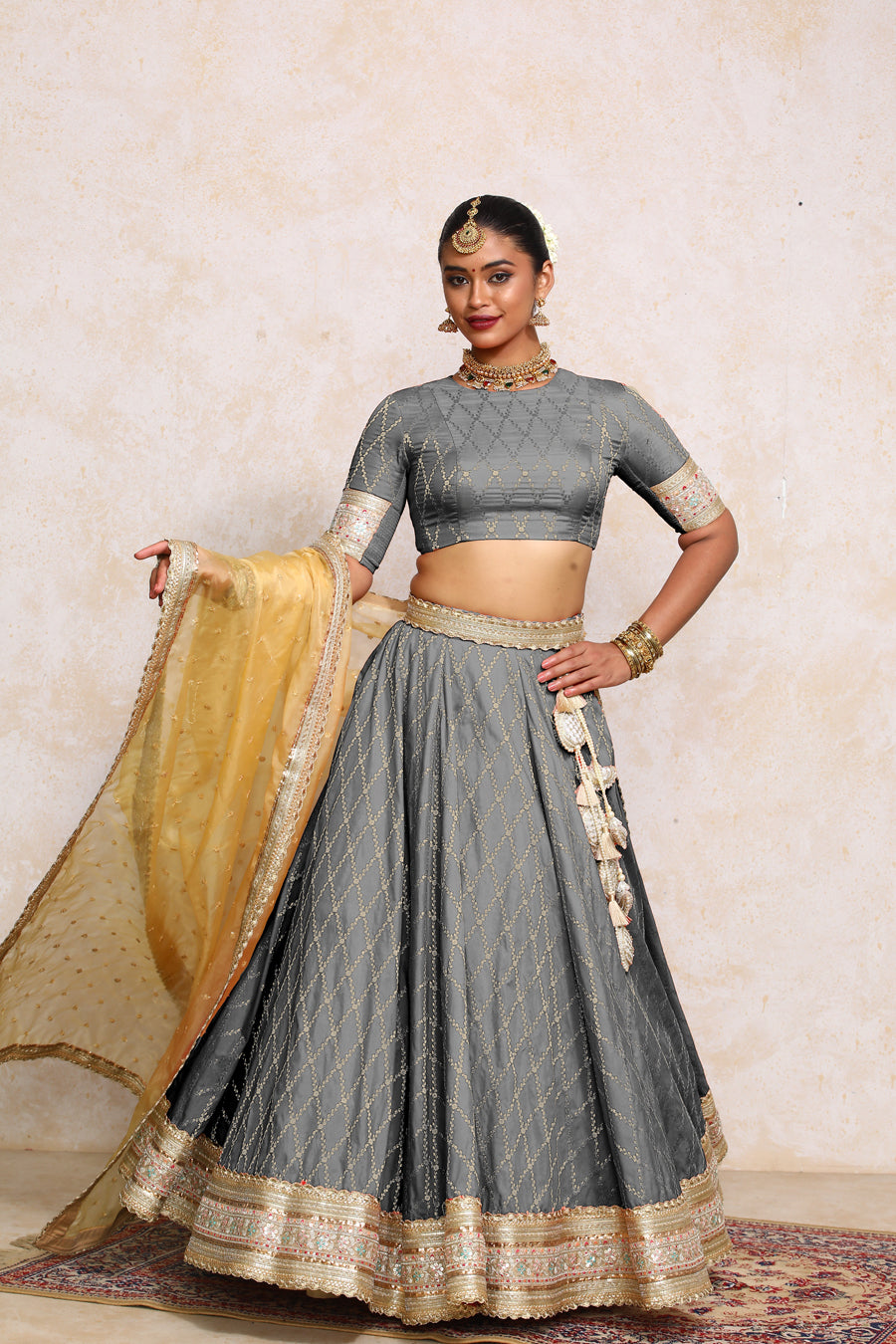 Hoor x Tyohaar Lehenga Set, in Grey Viscose Silk Brocade, featuring elbow sleeves and jewel neckline.