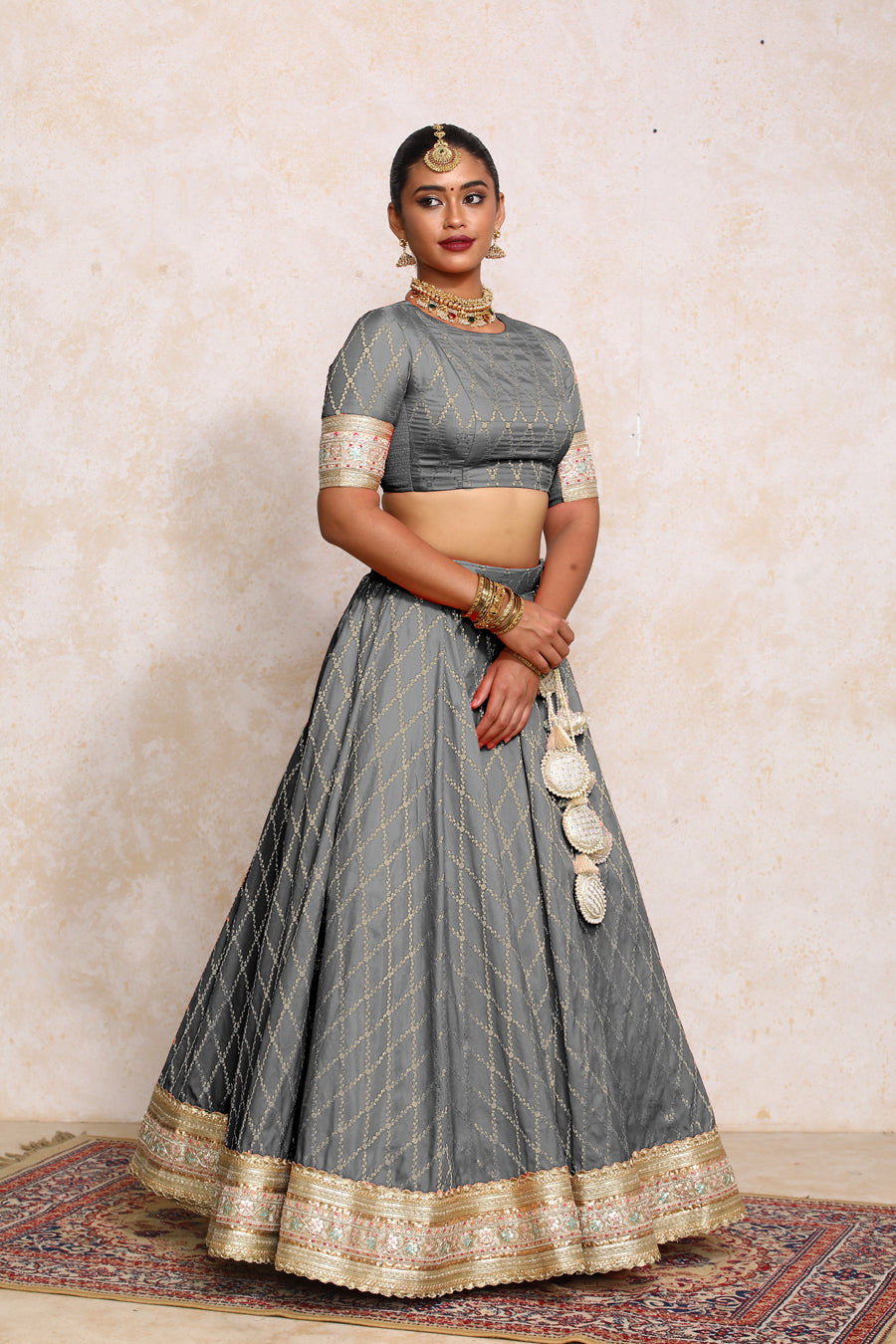 Hoor x Tyohaar Lehenga Set, in Grey Viscose Silk Brocade, featuring elbow sleeves and jewel neckline (view 2).