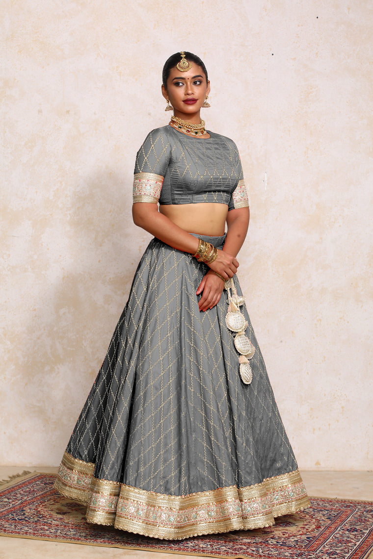 Hoor x Tyohaar Lehenga Set, in Grey Viscose Silk Brocade, featuring elbow sleeves and jewel neckline (view 2).