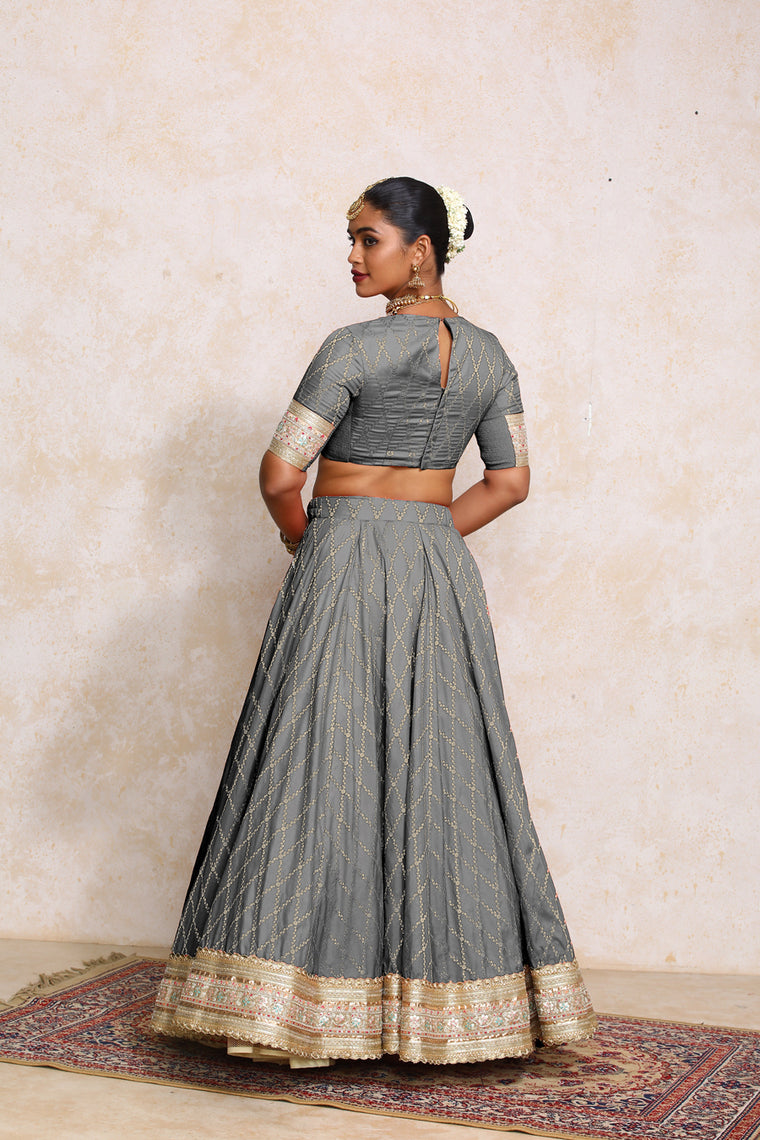 Hoor x Tyohaar Lehenga Set, in Grey Viscose Silk Brocade, featuring elbow sleeves and jewel neckline (view 3).