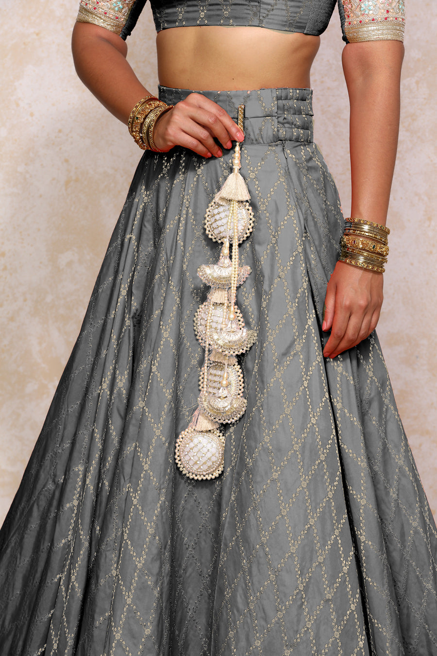 Hoor x Tyohaar Lehenga Set, in Grey Viscose Silk Brocade, featuring elbow sleeves and jewel neckline (view 6).