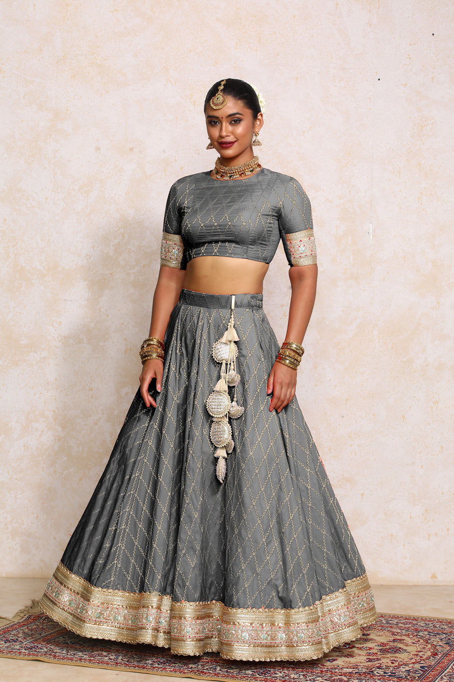 Hoor x Tyohaar Lehenga Set, in Grey Viscose Silk Brocade, featuring elbow sleeves and jewel neckline (view 7).