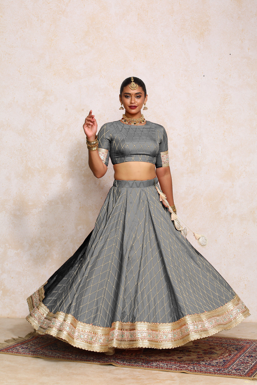 Hoor x Tyohaar Lehenga Set, in Grey Viscose Silk Brocade, featuring elbow sleeves and jewel neckline (view 8).