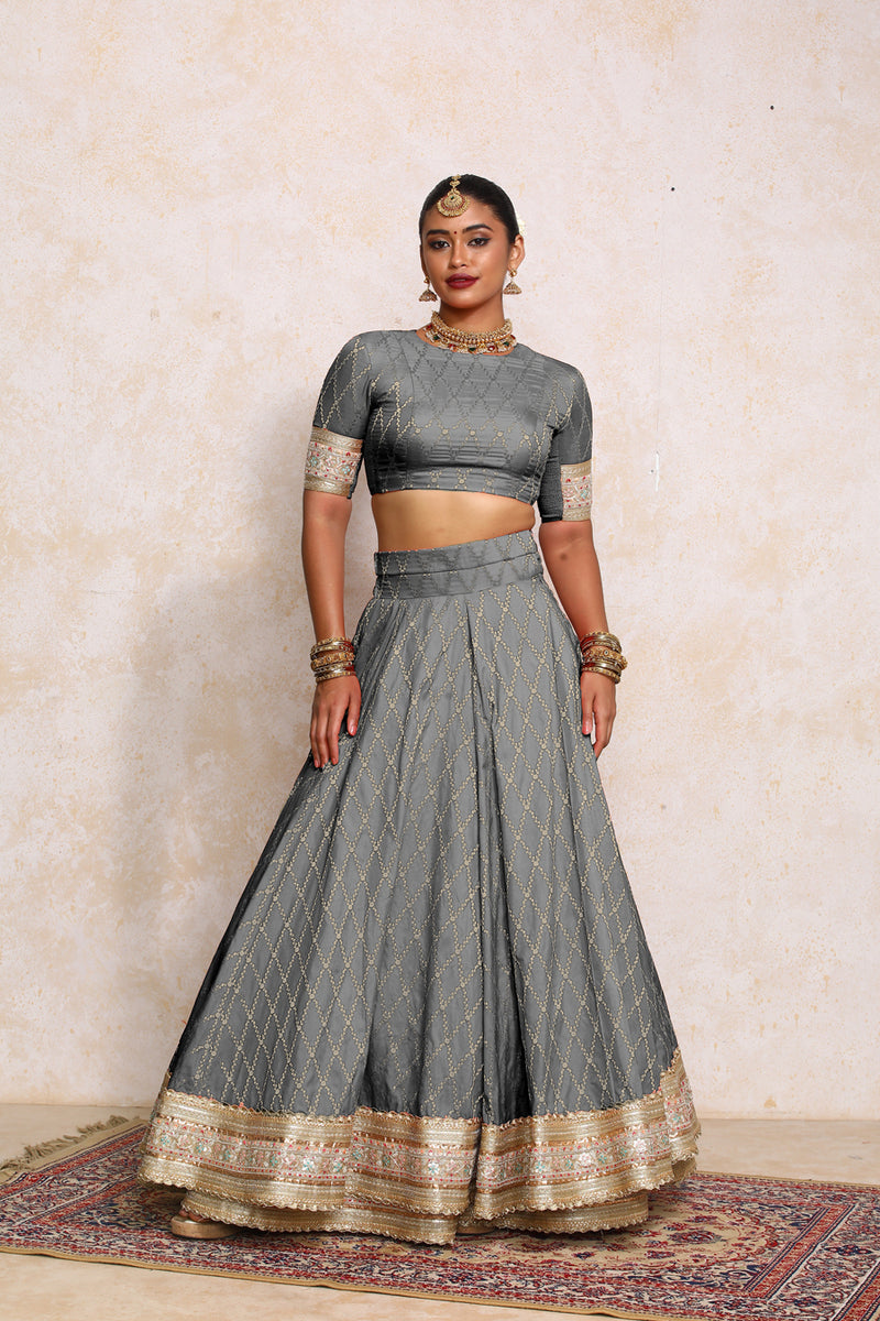 Hoor x Tyohaar | Gilded Grey Vine Mesh Brocade FlareFit™ Lehenga Set with Dupatta-Binks