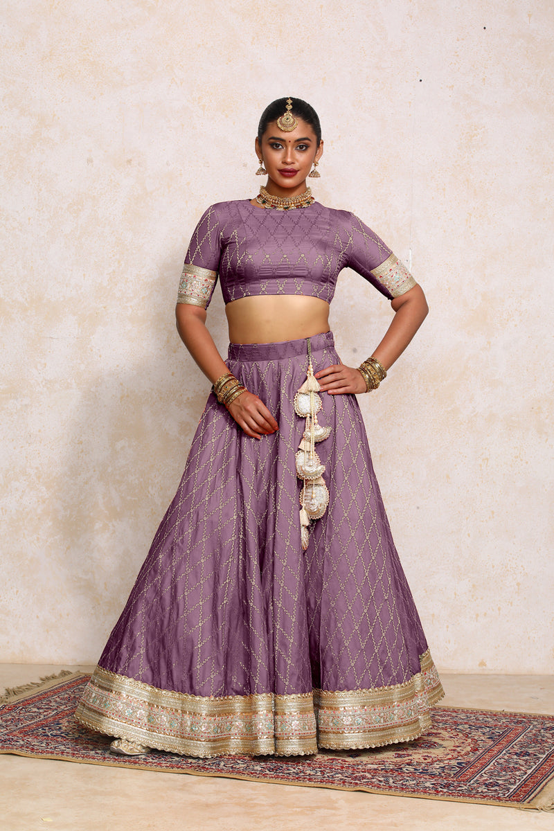 Hoor x Tyohaar | Moonlit Lavender Vine Mesh Brocade FlareFit™ Lehenga Set with Dupatta-Binks